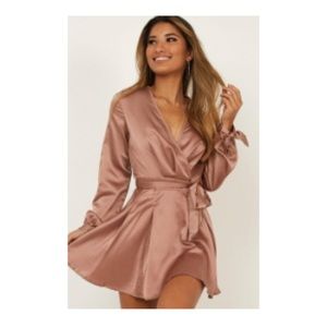 Showpo Mocha Satin Long Sleeve Mini Dress